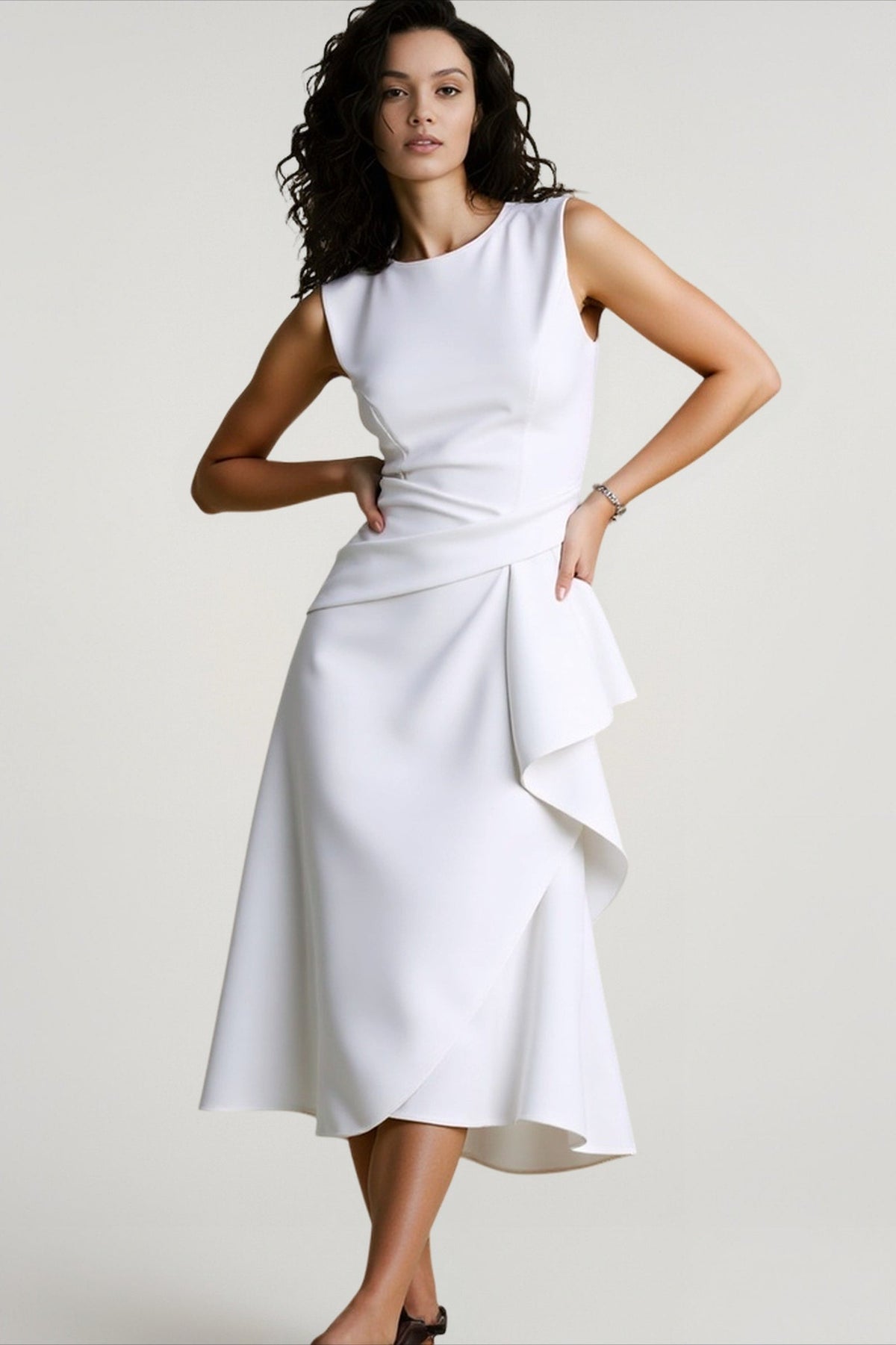 Round Neck Sleeveless Draped Asymmetric Midi Dress