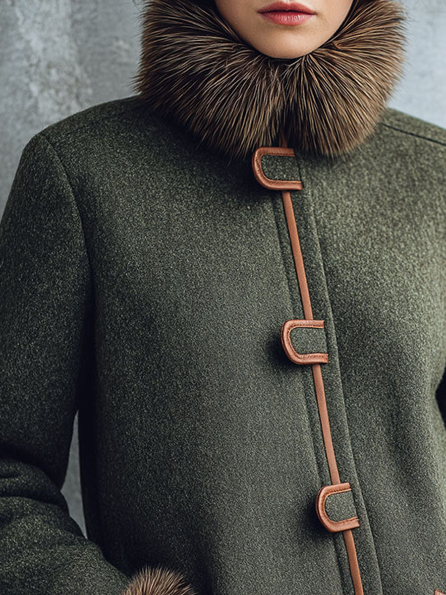 Vintage Wool-Blend Mid-Length Coat With Eco Fur Collar And Cuffs - Fashionpara