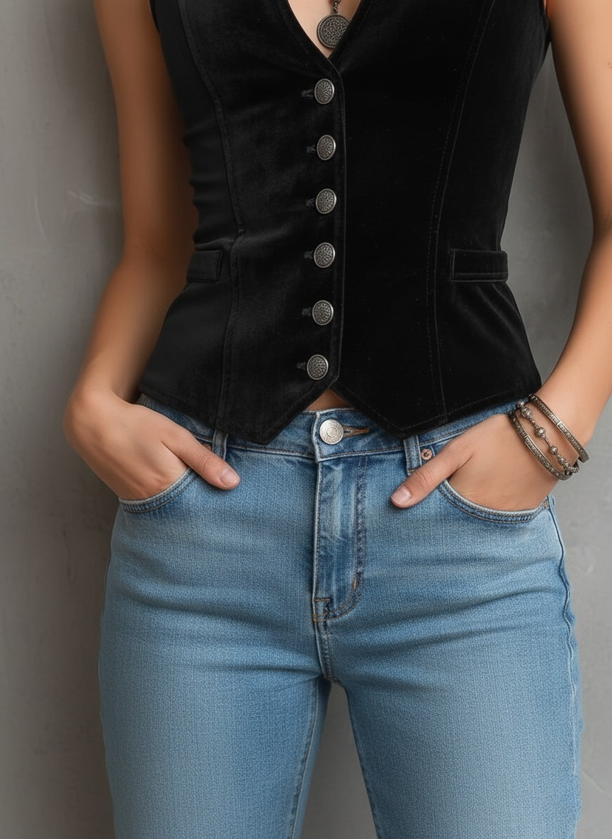 Black Velvet Victorian-Inspired Button-Up Vest - Fashionpara