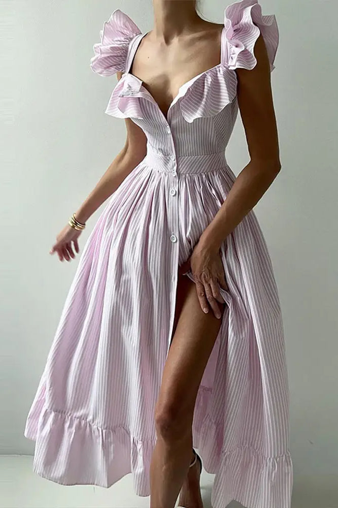 Ruffle Striped Square Collar Floral Dress