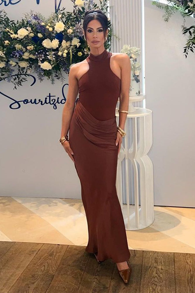 Sleeveless Halter Draped Satin Bodycon Maxi Gown