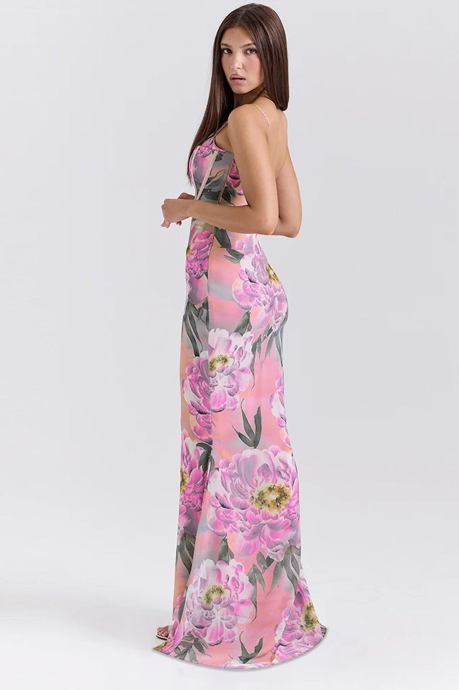Floral Print Corset Bustier Maxi Dress