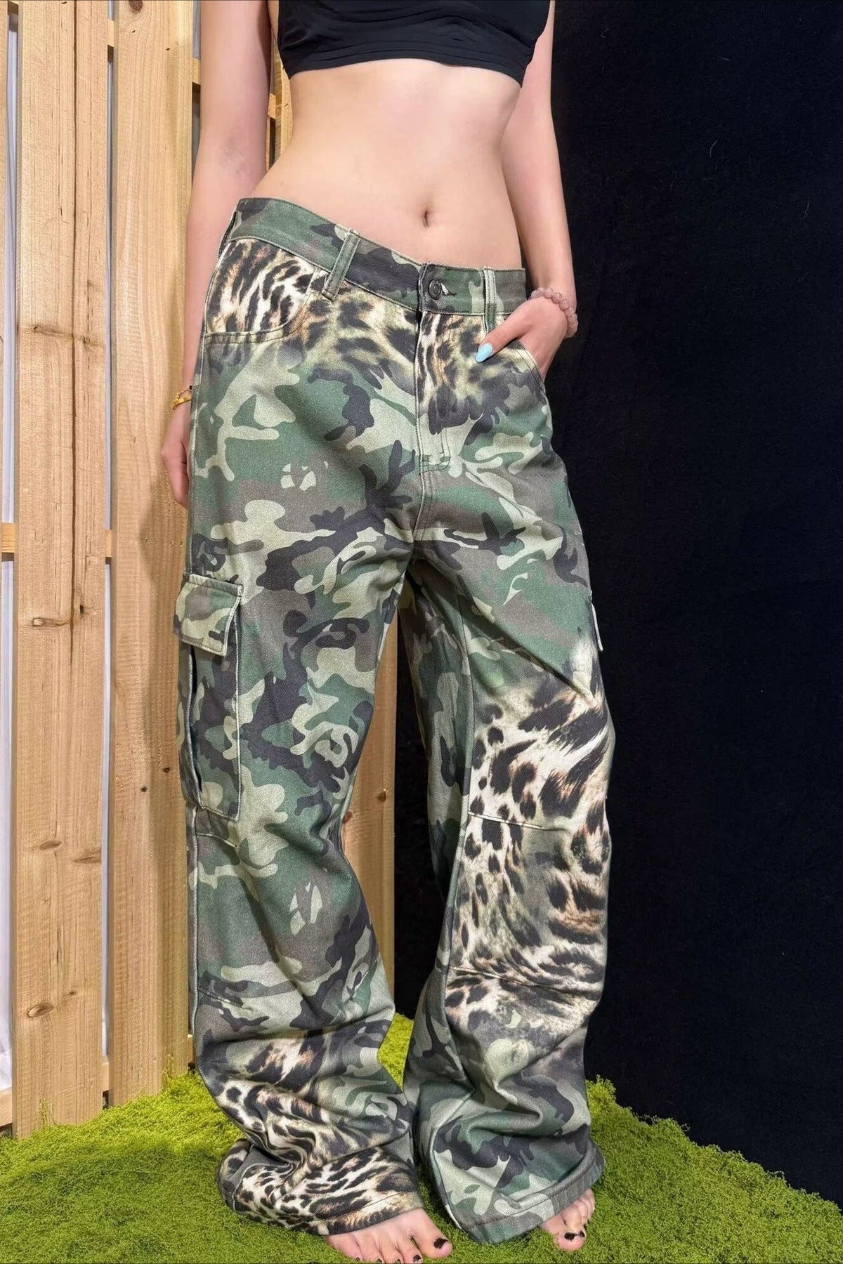 Deconstructed Camo Loose Fit Straight Leg Jeans