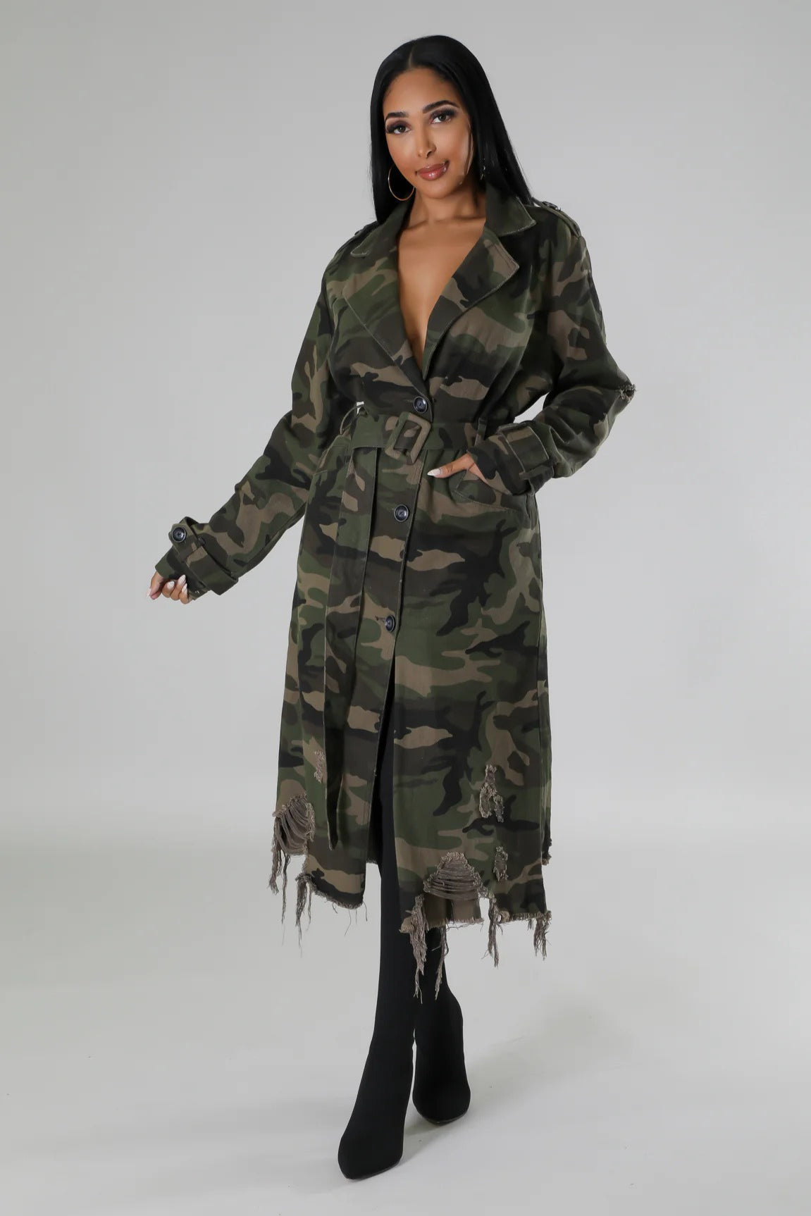 Distressed Camo Long Overcoat for Stylish All-Season Wear