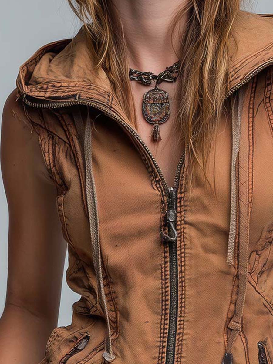 Vintage Washed Utility Style Hoodie Vest - Fashionpara