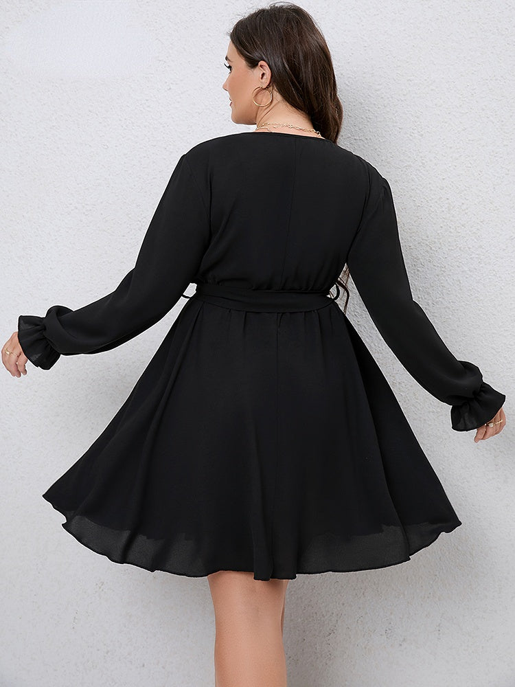 Chiffon Surplice Long-Sleeve Tie-Waist Flared Mini Dress 3