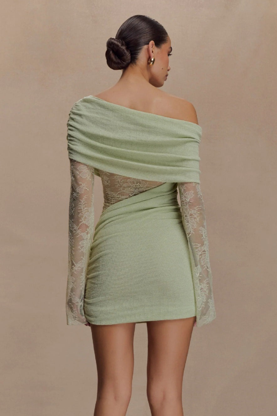 Off Shoulder Lace Sleeve Ruched Bodycon Mini Dress