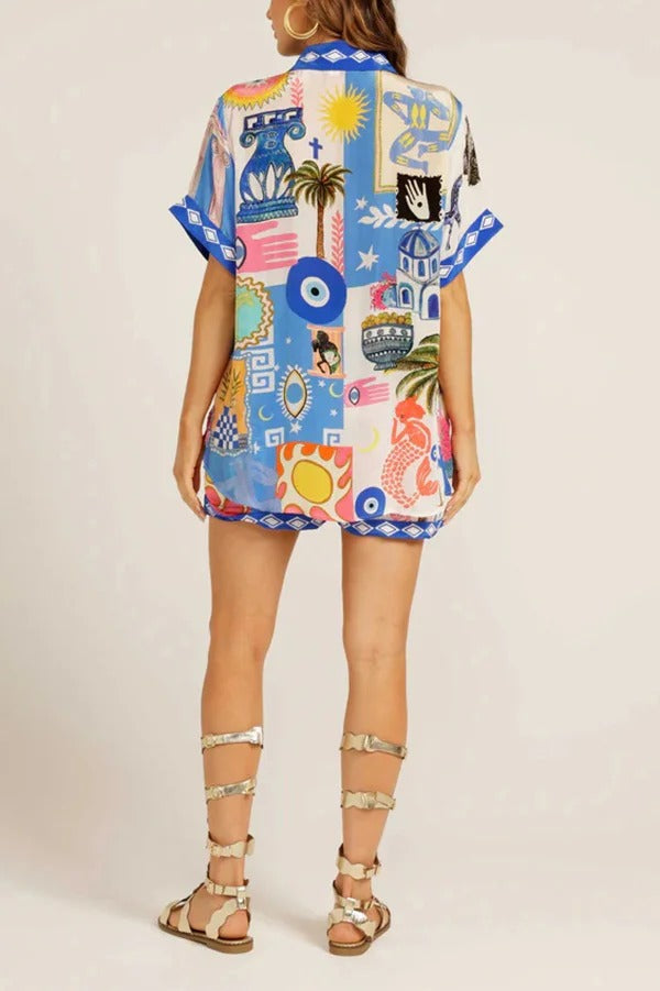 Unique Printed Short-sleeved Casual Loose Shirt and Elastic Waist Drawstring Pocket Shorts Set - Fashionpara