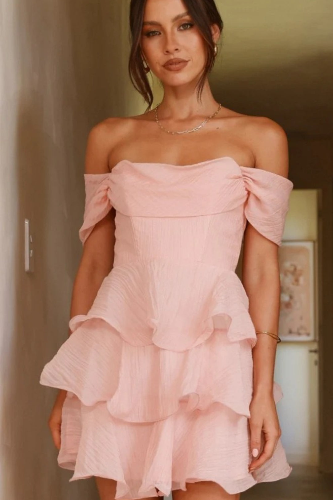 Off Shoulder Tiered Ruffle Fit and Flare Mini Dress