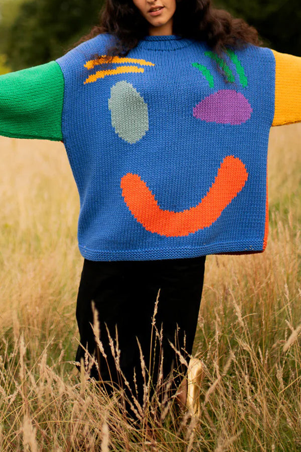 Colorful Smiley Face Pullover Sweater for Comfortable Style