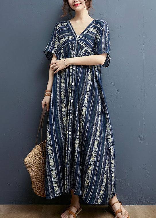 Vertical Border Print V-Neck Button Front Short Sleeve Maxi Dress