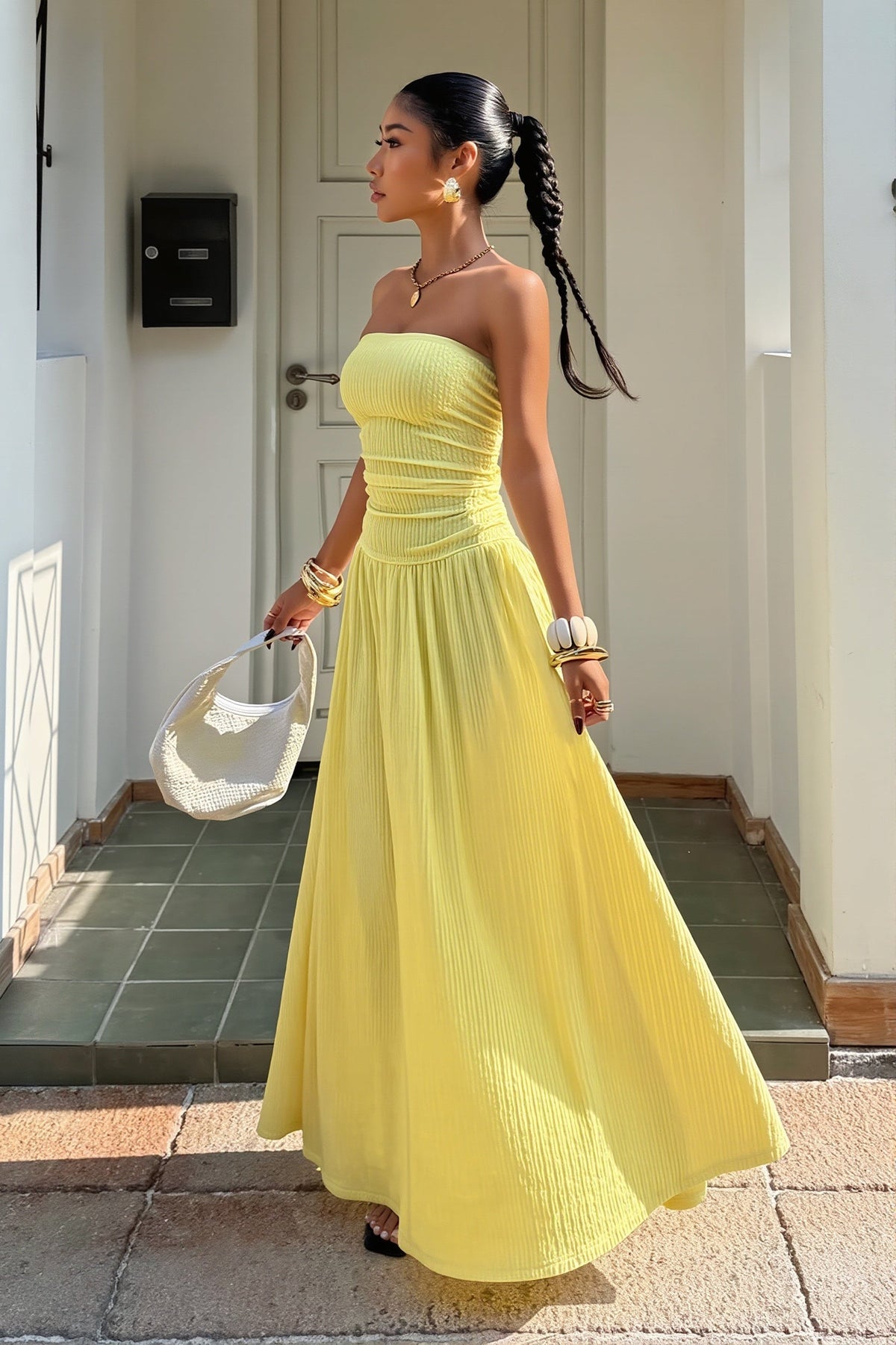 Strapless Ruched Drop Waist A-Line Maxi Dress