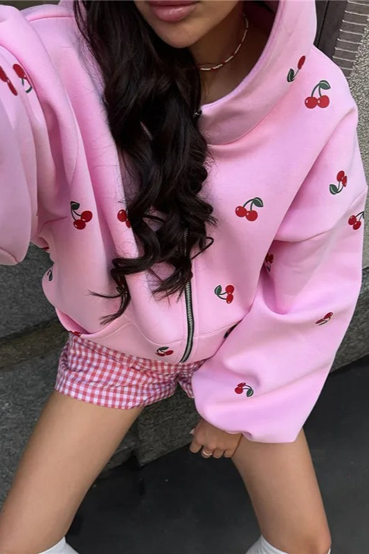 Cherry Print Zip Up Hoodie