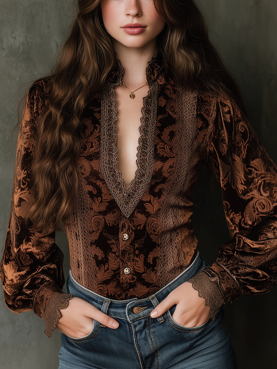 Vintage Printed Lace Trim Poly Velvet Blouse - Fashionpara