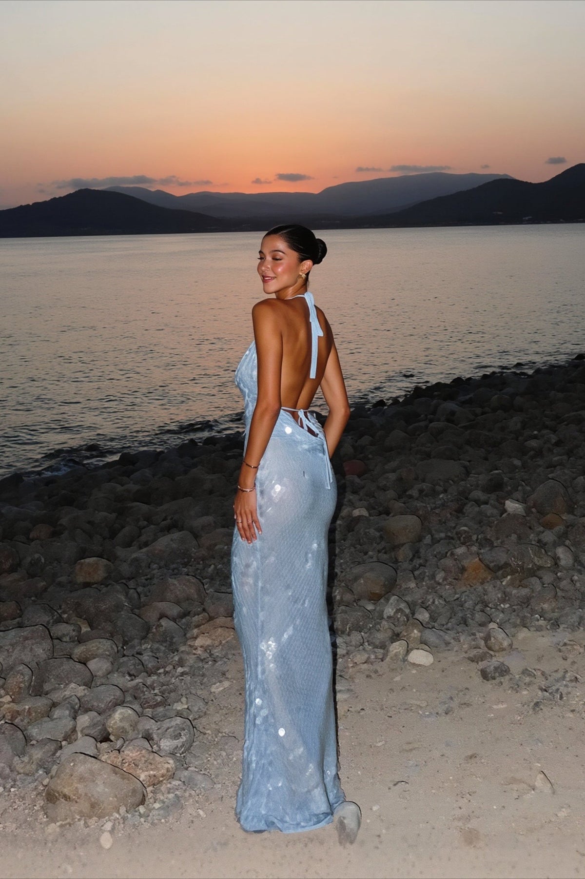 Sequin Deep V Halter Backless Maxi Party Dress