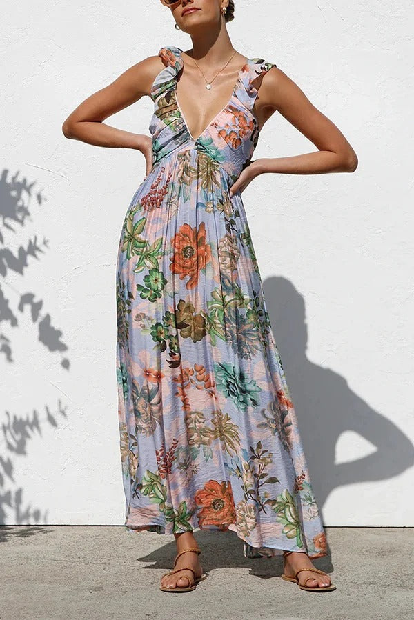 Unique Printed V-neck Ruffled Straps Pleated Back Maxi Dress - Fashionpara
