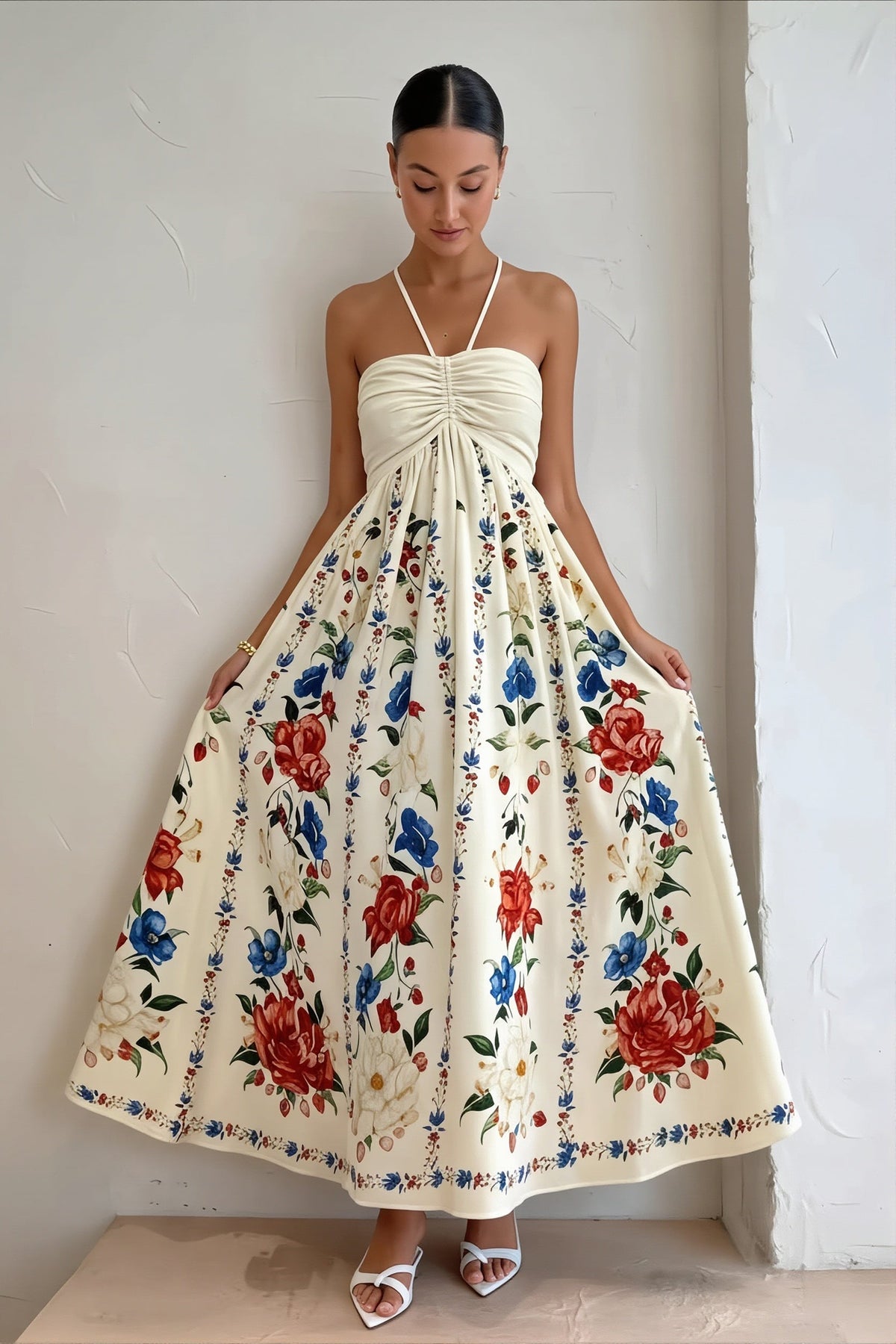 Floral Print Halter Neck Full Skirt Maxi Dress