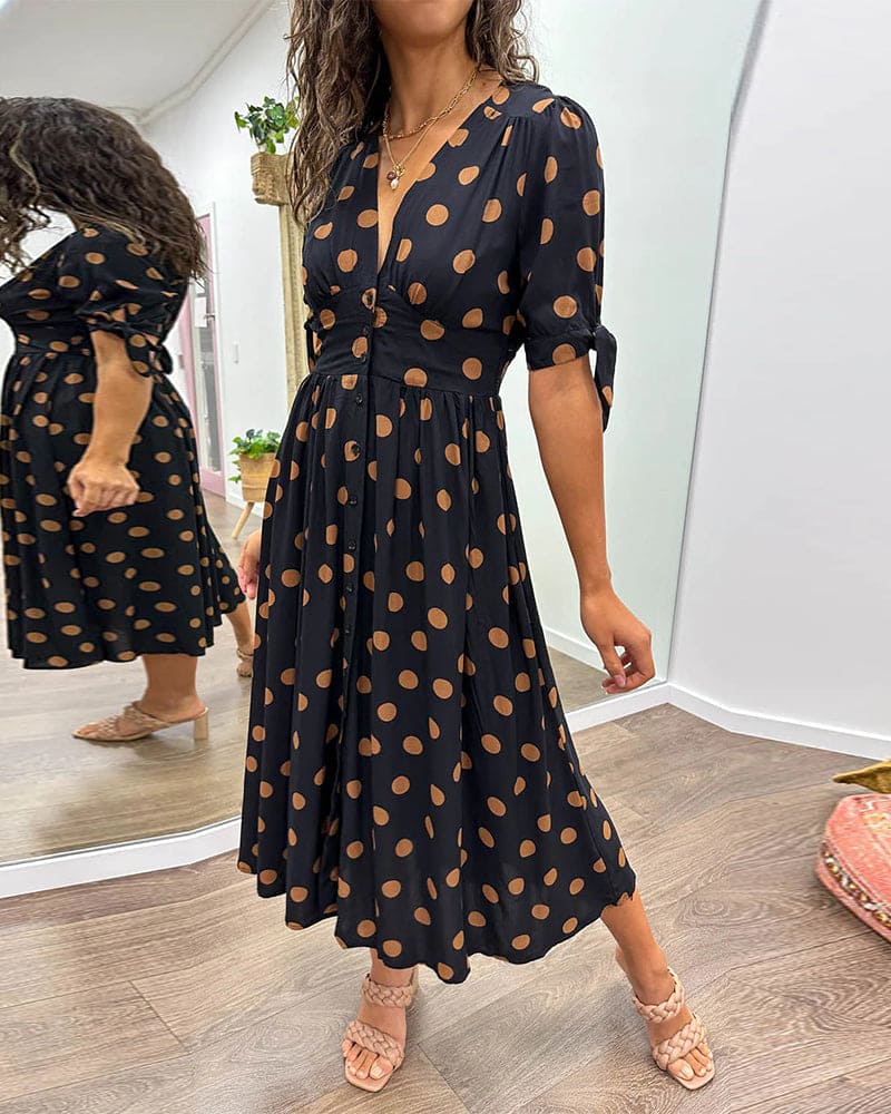 V-Neck Short Sleeve Tie Cuff Button Front Polka Dot Midi Dress - View 3