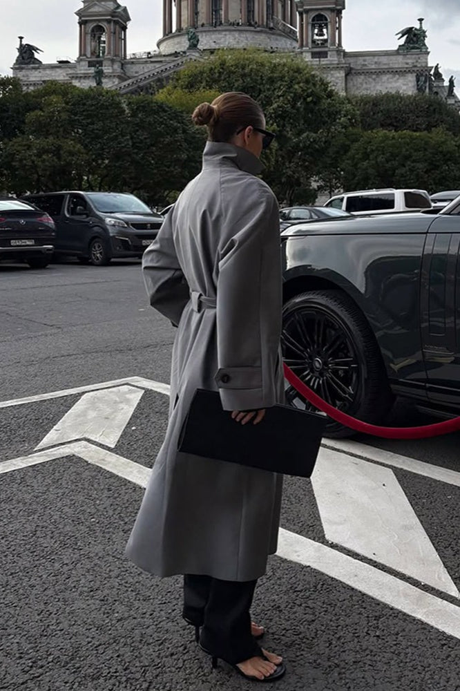Elegant Solid Color Belted Long Overcoat for Chic Style