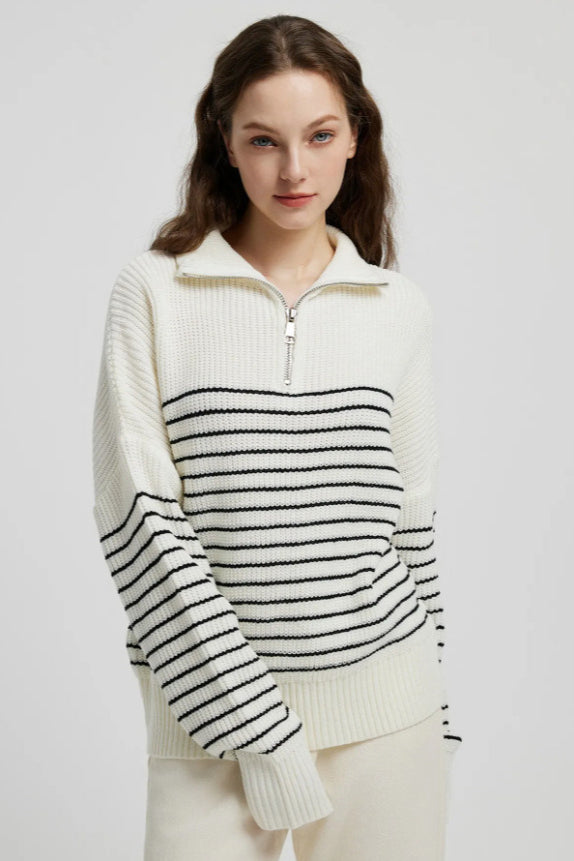 PrincessAce High Neck Striped Color Block Pullover Sweater