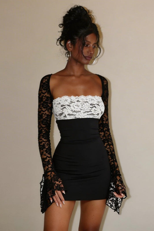Off Shoulder Bell Sleeve Lace Contrast Bodycon Mini Dress 4