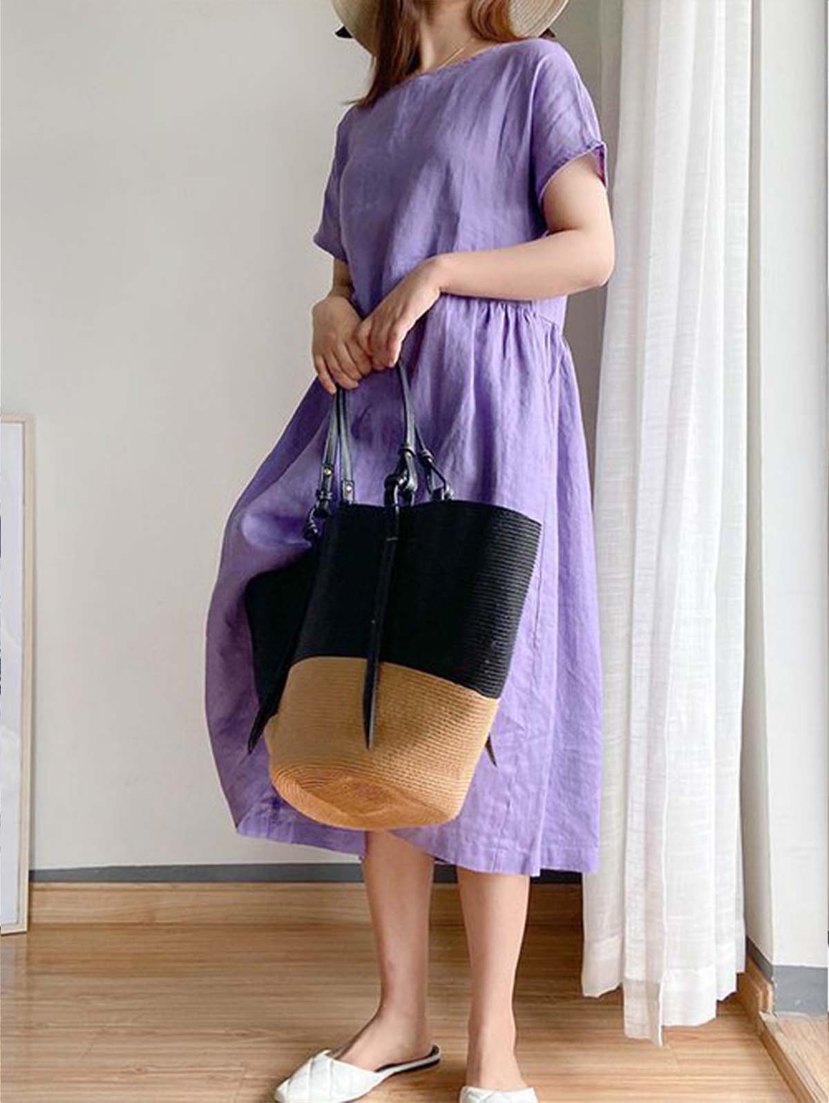 Round Neck Short Sleeve Gathered Empire Waist Pocket A-Line Midi Dress - View 3
