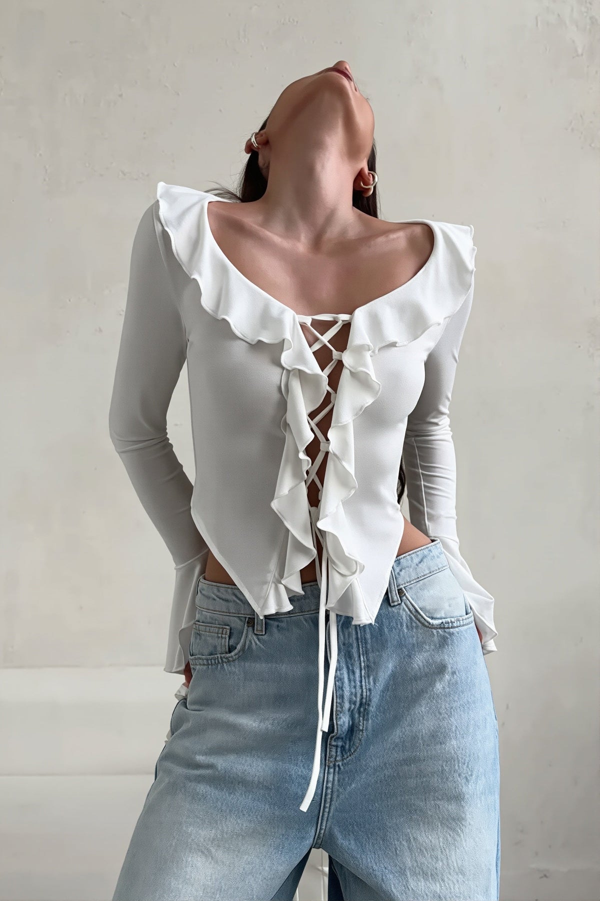 Ruffle Lace Up Flare Sleeve Blouse