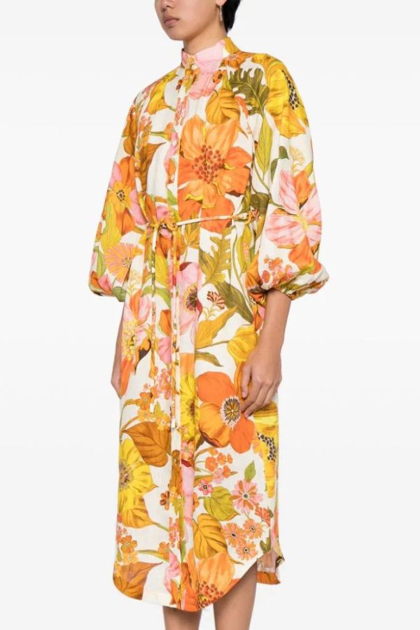 Floral Print Fashion Puff Sleeve Fitted Swing Midi Dress - Fashionpara