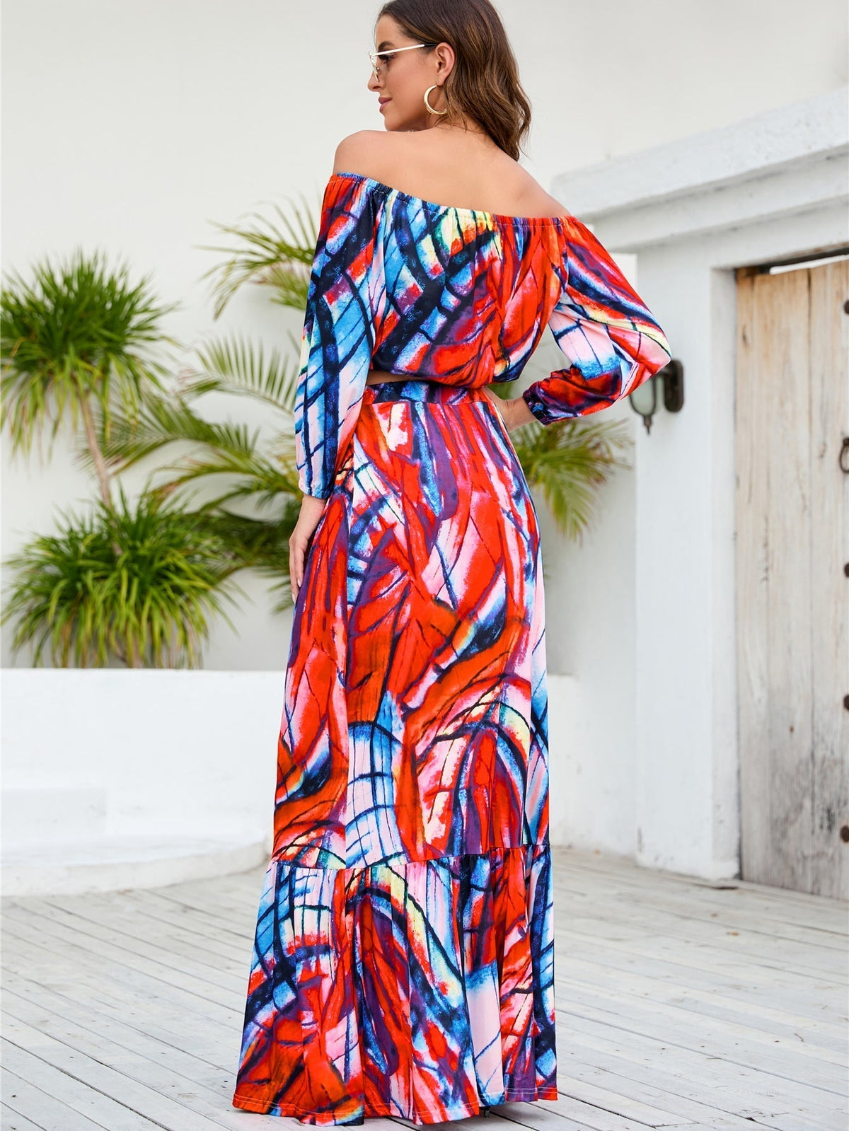 Abstract Print Off Shoulder Crop Top & Maxi Skirt Set