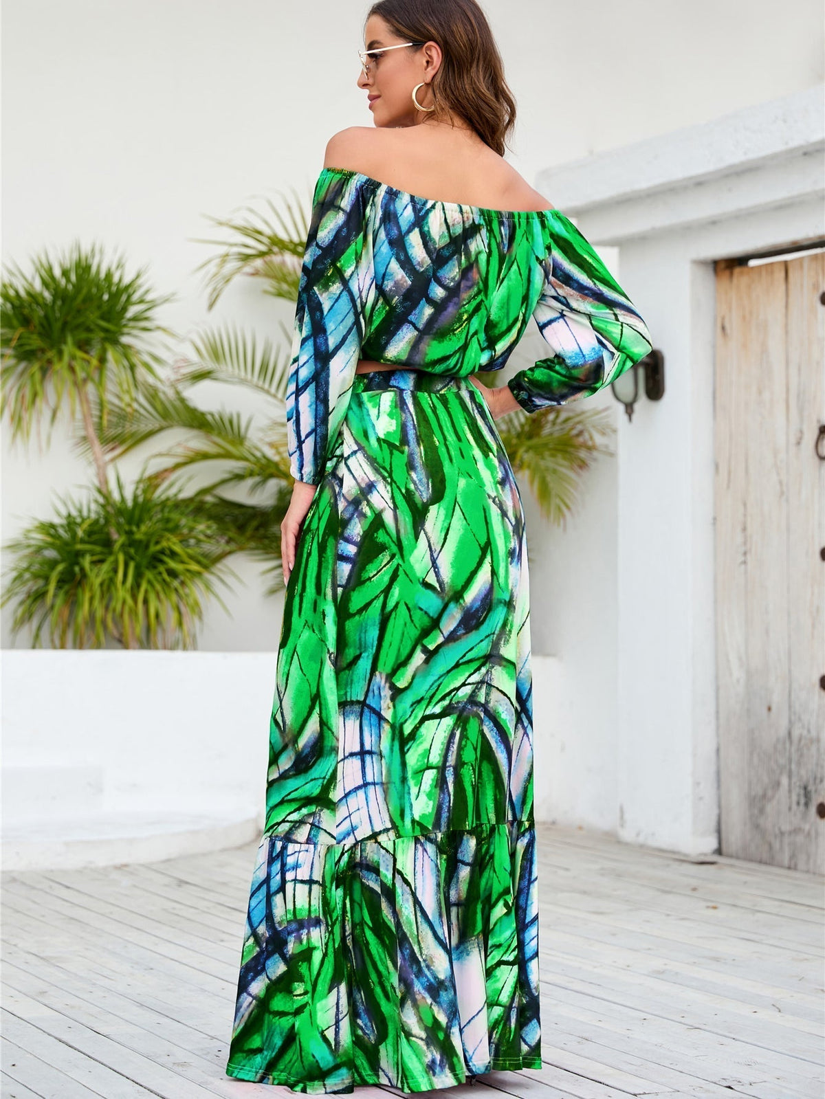 Abstract Print Off Shoulder Crop Top & Maxi Skirt Set