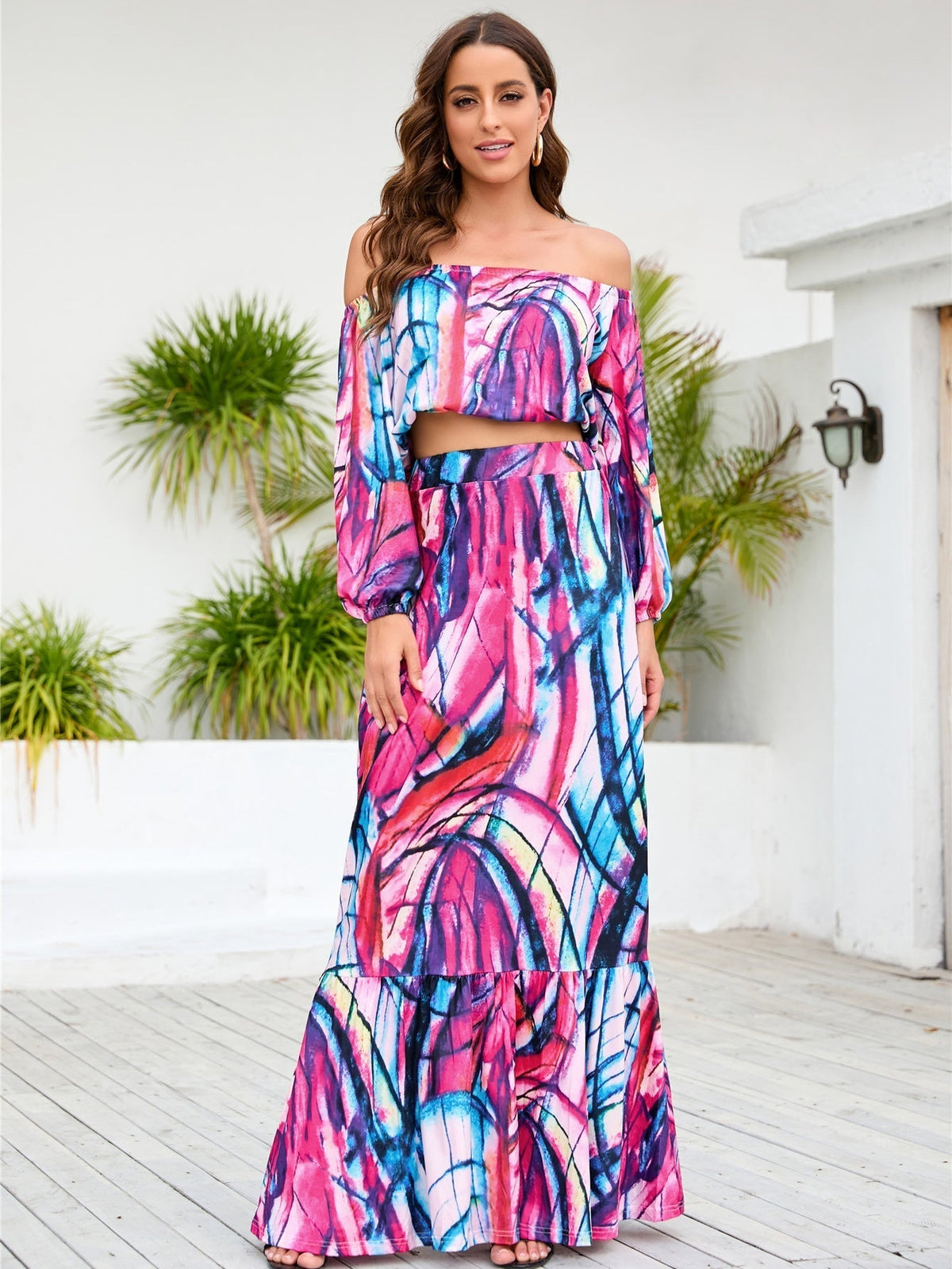 Abstract Print Off Shoulder Crop Top & Maxi Skirt Set