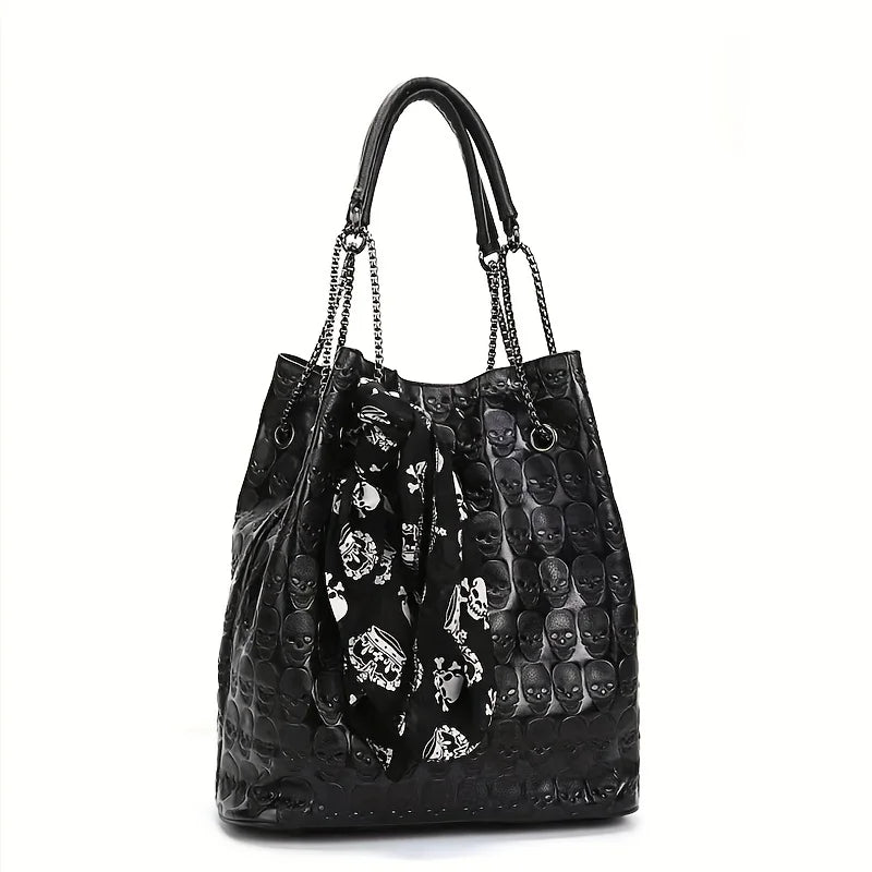 Gothic Skull Print Punk Scarf Decor Trendy Crossbody Tote Shoulder Bag Black Halloween