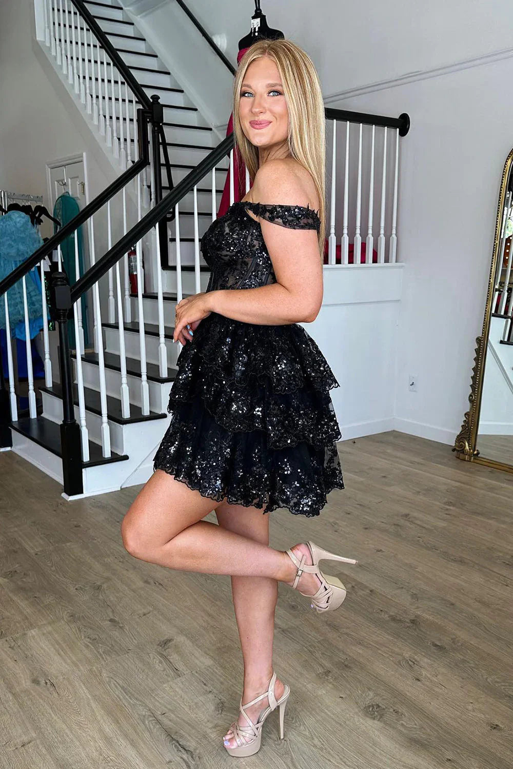 A Line Fchsia Homecoming Dress Seeing Sparkles Off the Shoulder Graduation Dress with Ruffles - Fashionpara