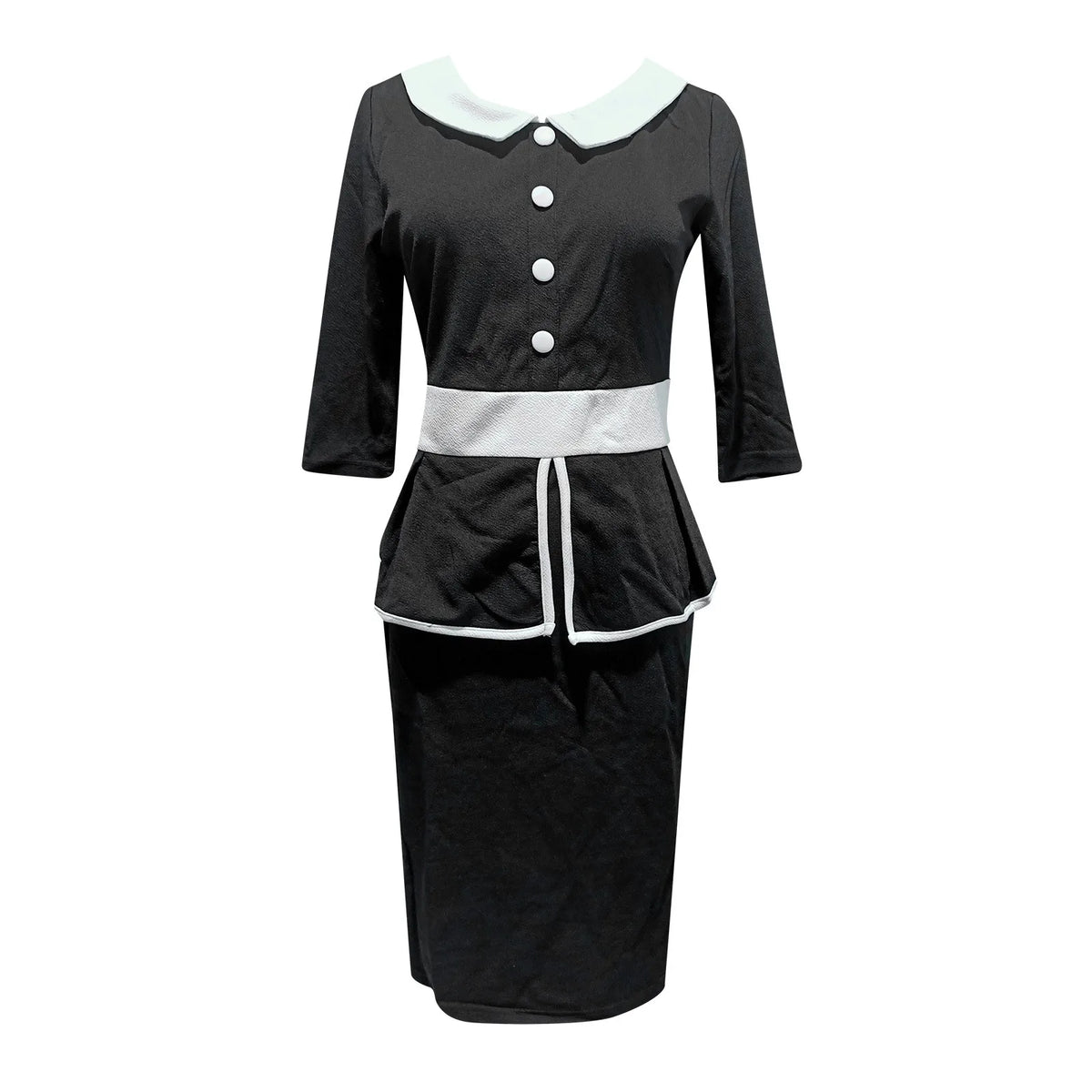 Contrast-Trim Collared Button-Front Peplum Pencil Dress 3
