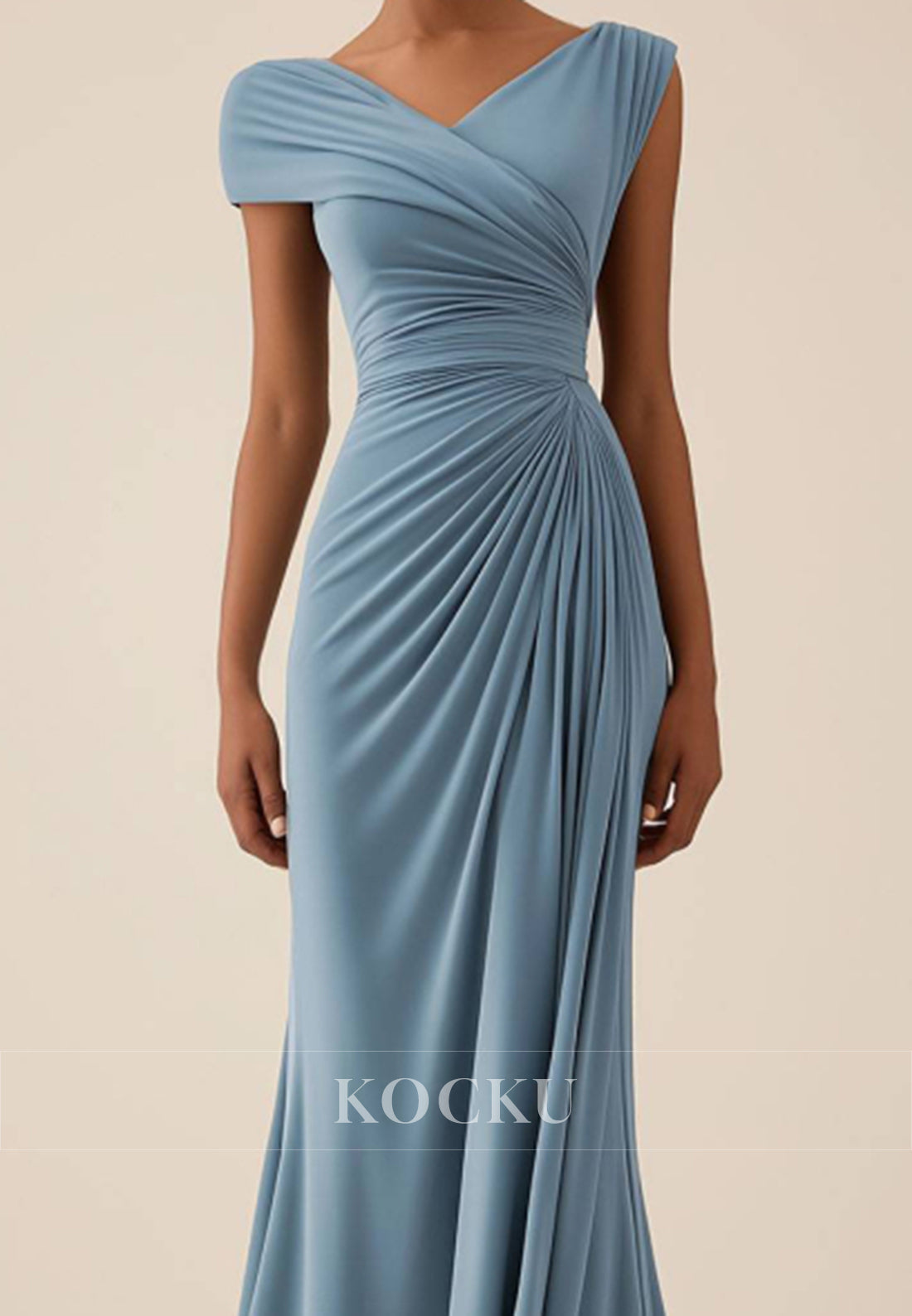 Elegant Off-Shoulder Sheath Wedding Guest Dress Light Blue Satin pleats Formal Gowns