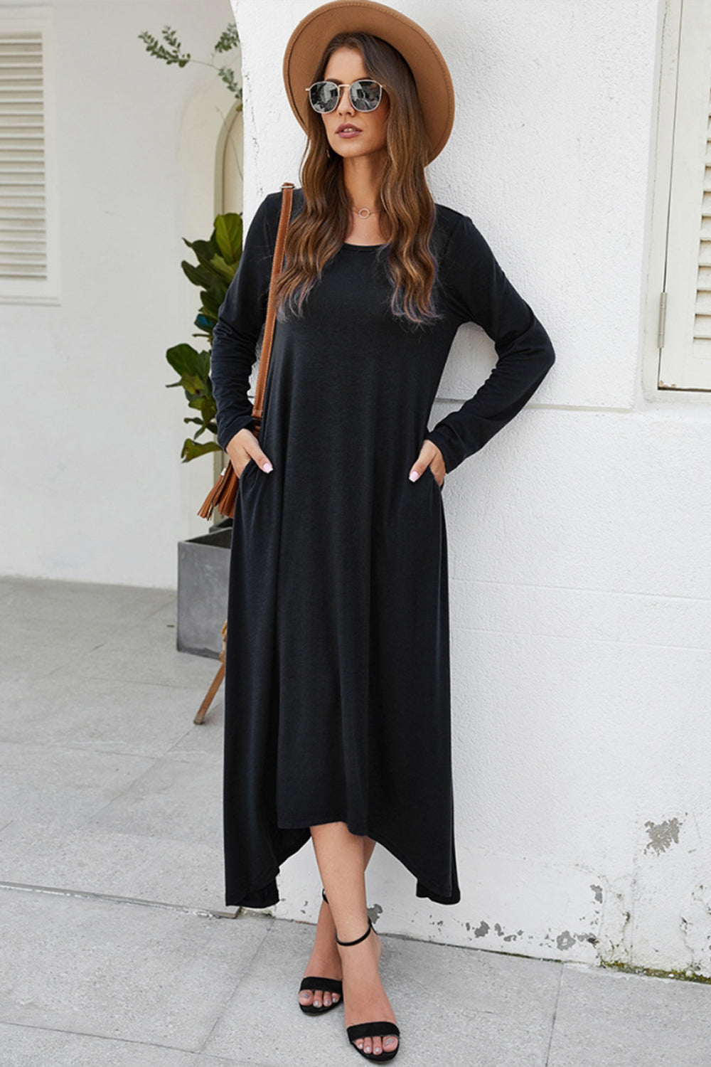 Solid Color Big Swing Skirt Long Sleeve Dress - Fashionpara