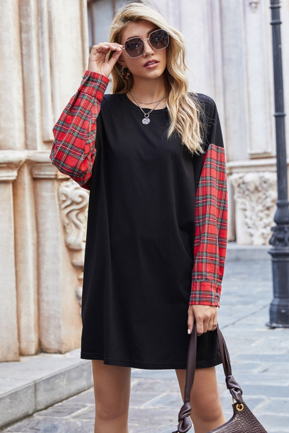 Round Neck Stitching Plaid Sweater Dress - Fashionpara