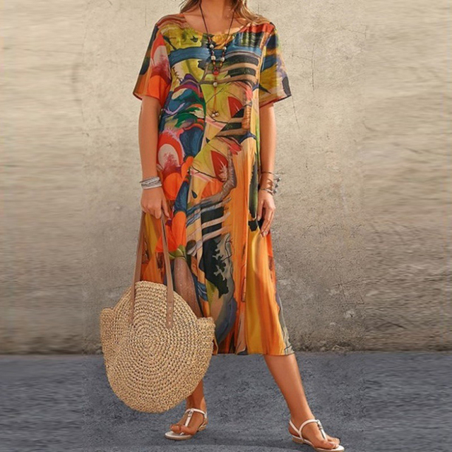 Abstract Art Print Short Sleeve Crew Neck Relaxed Fit Midi Dress - View 3