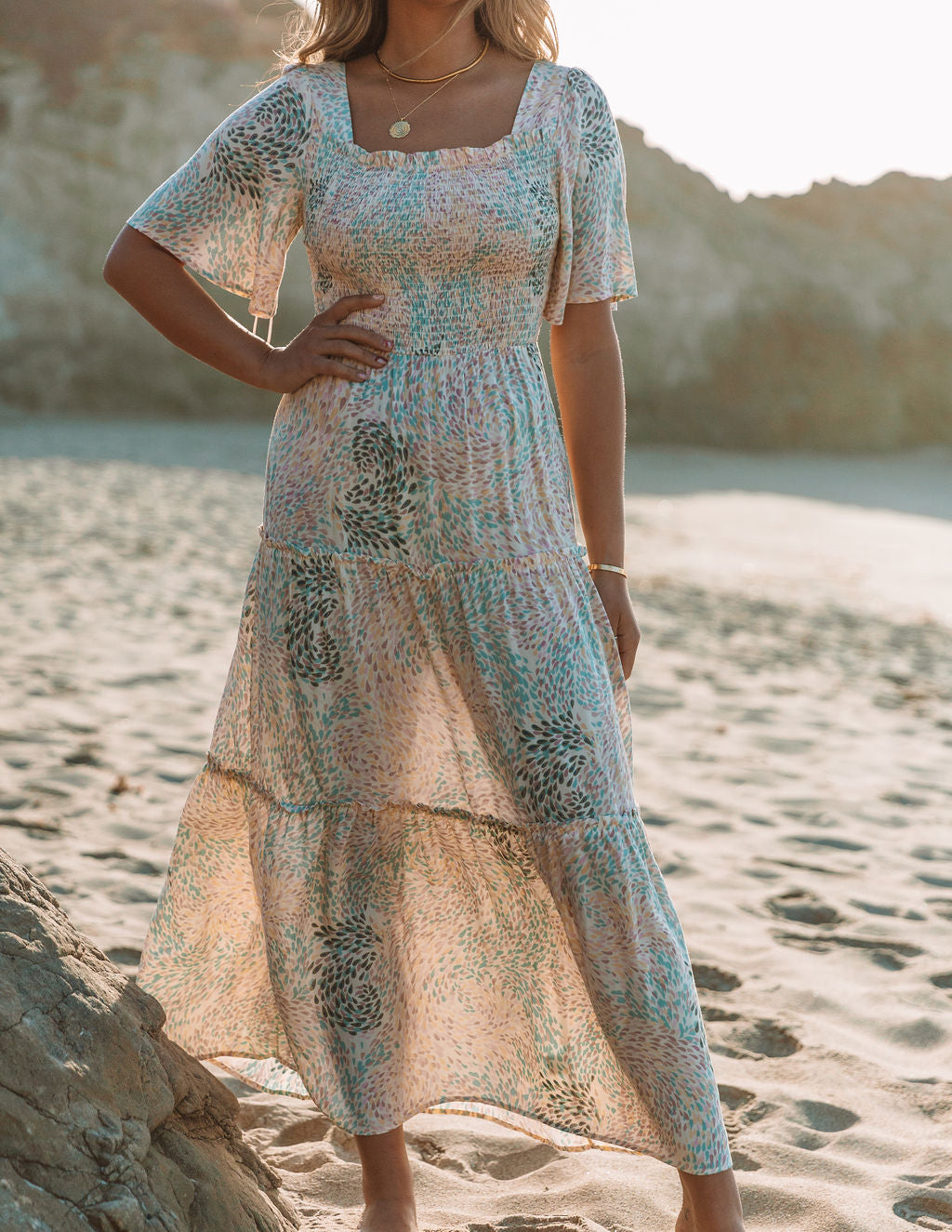 Printed Square Neck Short Sleeve Tiered Maxi Dress