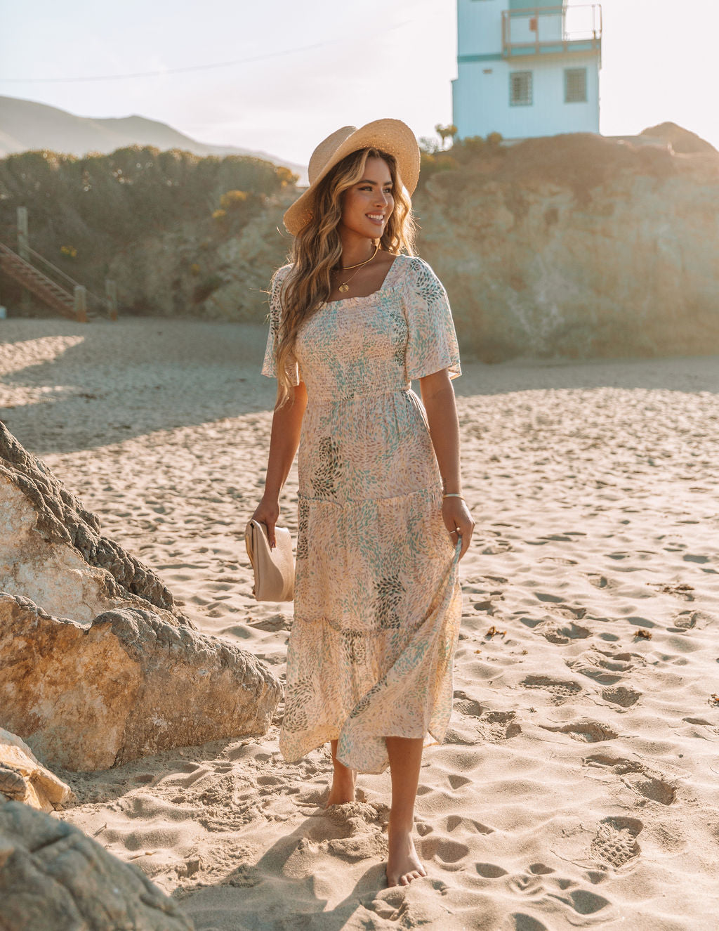 Printed Square Neck Short Sleeve Tiered Maxi Dress