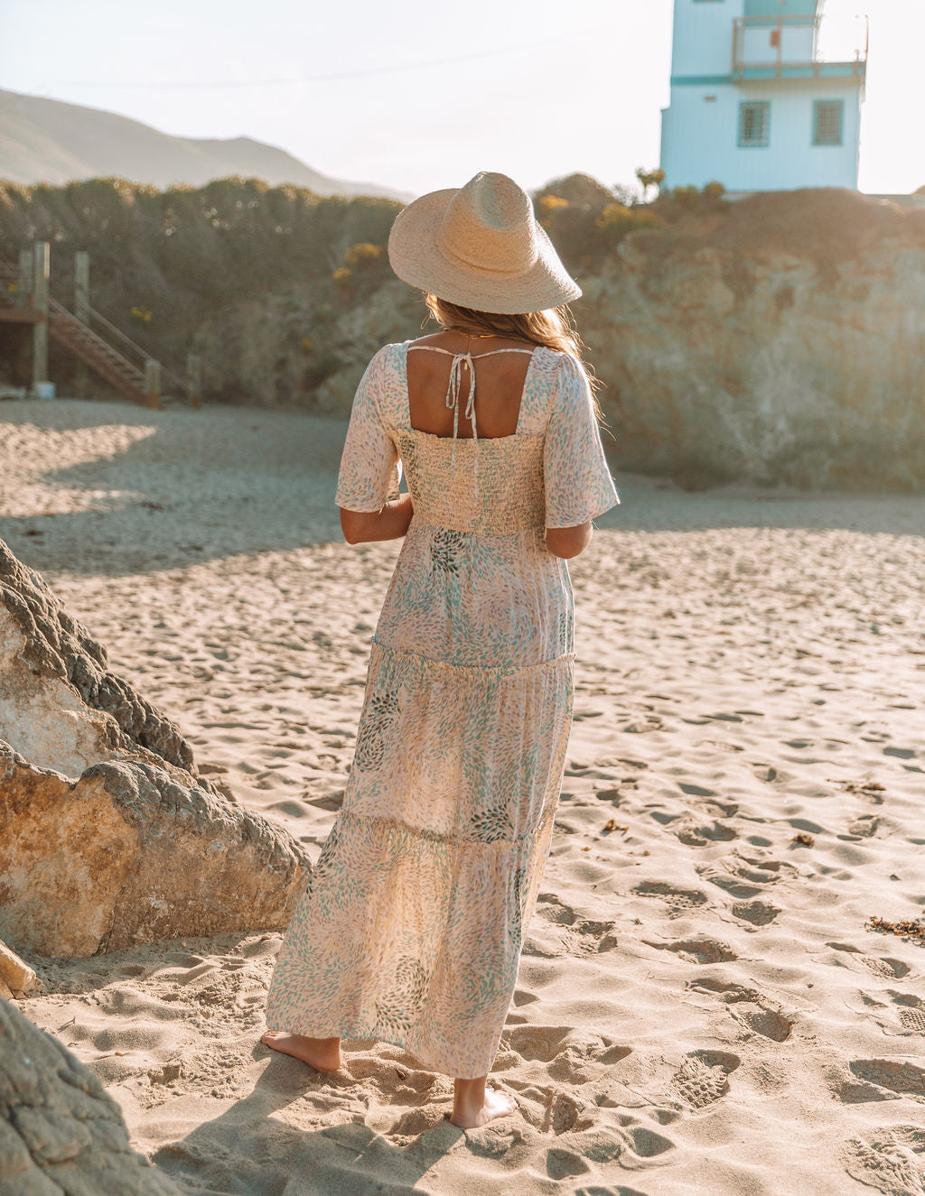 Printed Square Neck Short Sleeve Tiered Maxi Dress