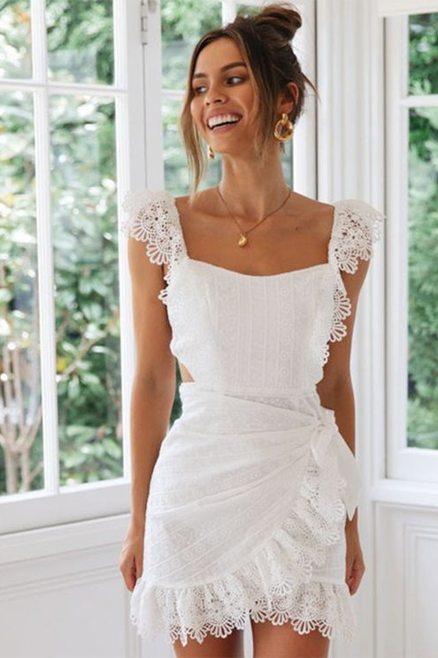 Boho Lace Ruffle Mini Beach Dress