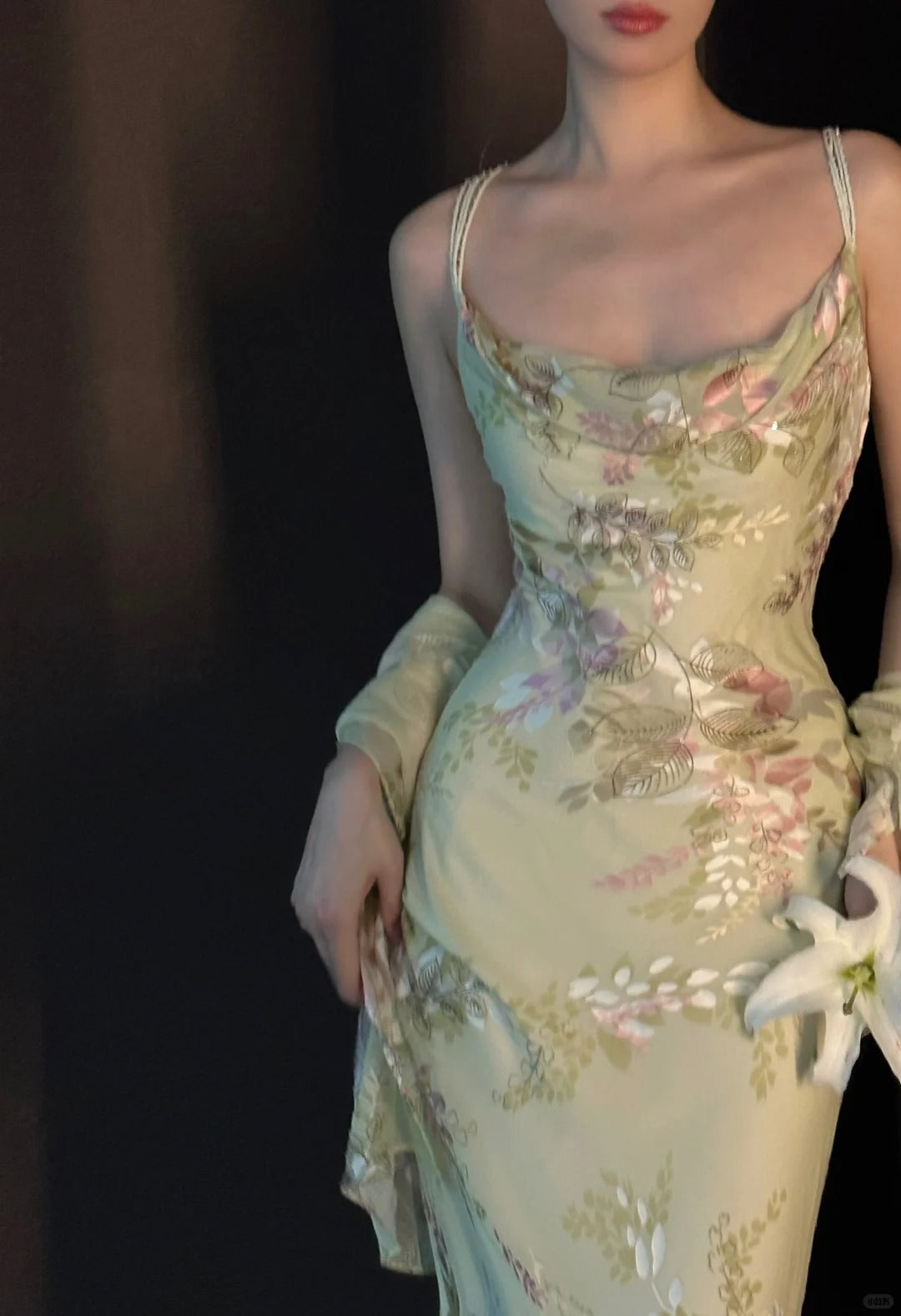 Vintage Light Green Printed Mermaid Strap Chiffon Long Prom Dress Evening Dress P4030