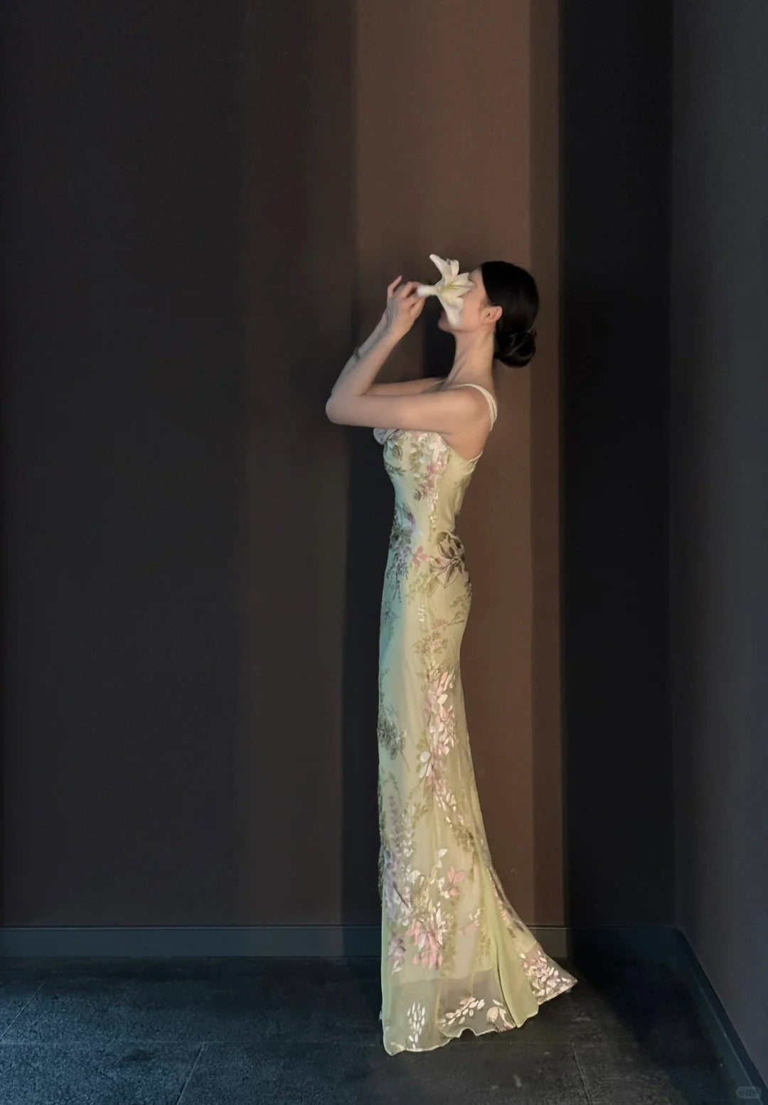 Vintage Light Green Printed Mermaid Strap Chiffon Long Prom Dress Evening Dress P4030