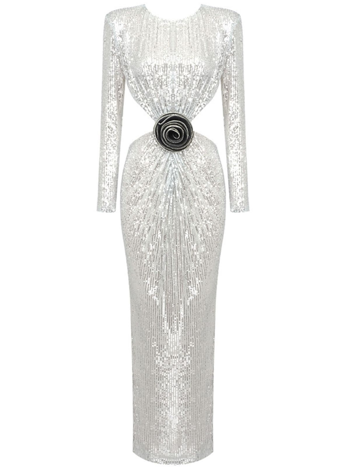 Aviva Long Sleeve Cutout Sequin Maxi Dress In Silver