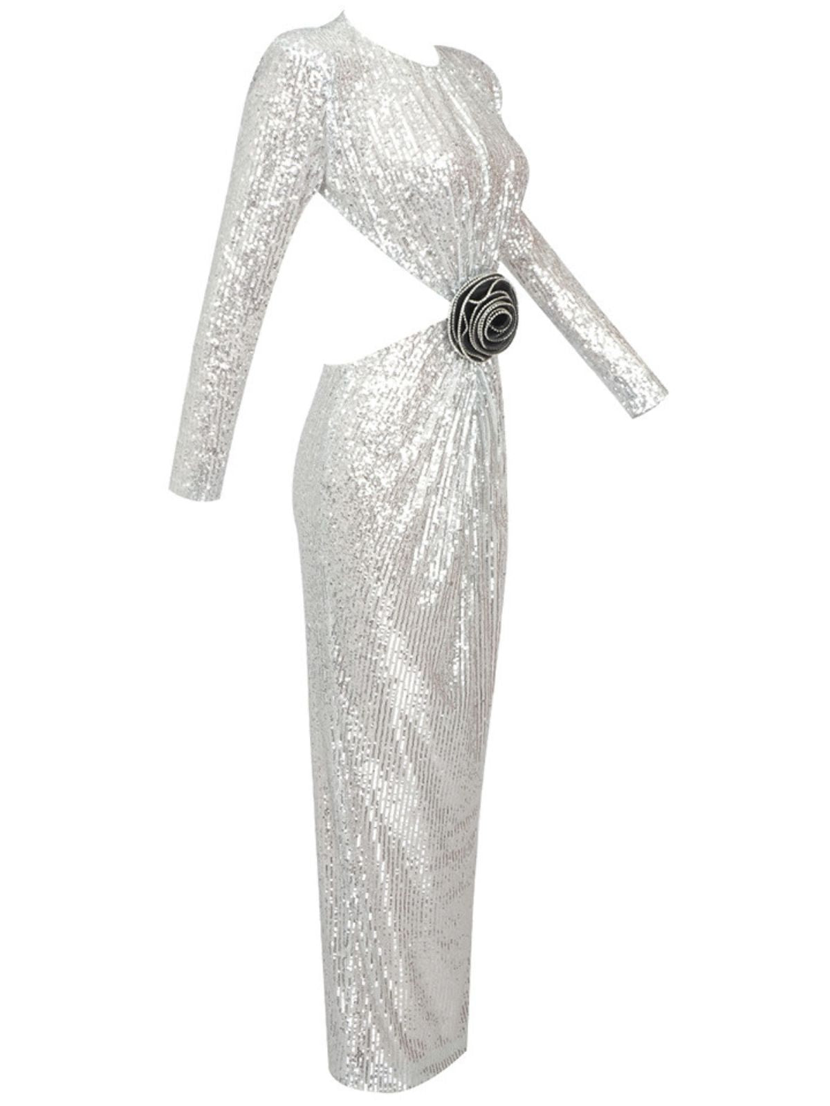 Aviva Long Sleeve Cutout Sequin Maxi Dress In Silver