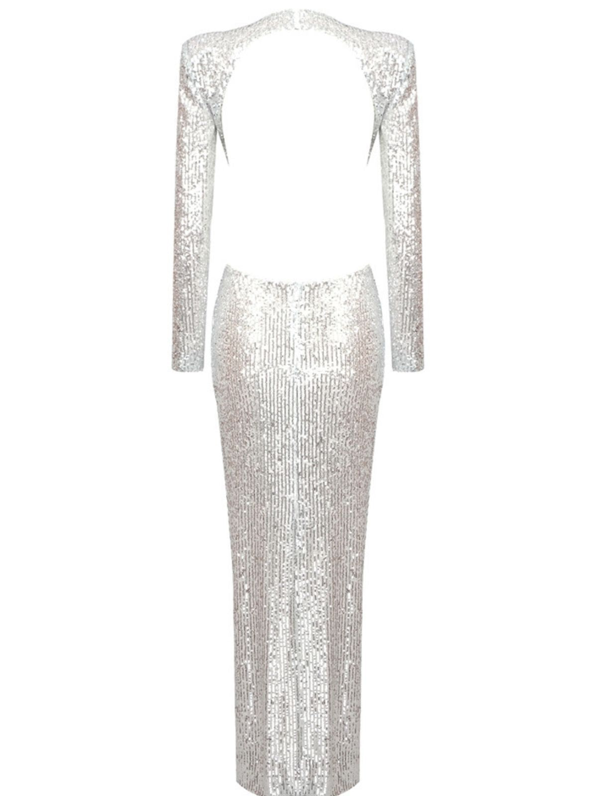Aviva Long Sleeve Cutout Sequin Maxi Dress In Silver