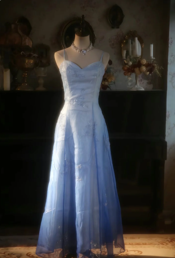 Vintage Gradient Light Blue A-line Spaghetti Strap Beaded Tulle Long Prom Dress Evening Dress P4300