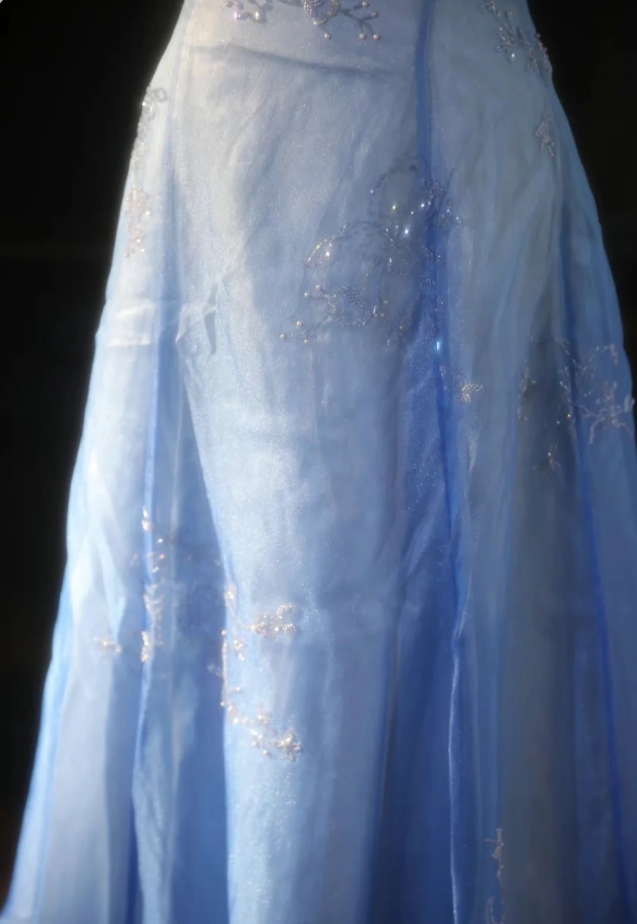 Vintage Gradient Light Blue A-line Spaghetti Strap Beaded Tulle Long Prom Dress Evening Dress P4300