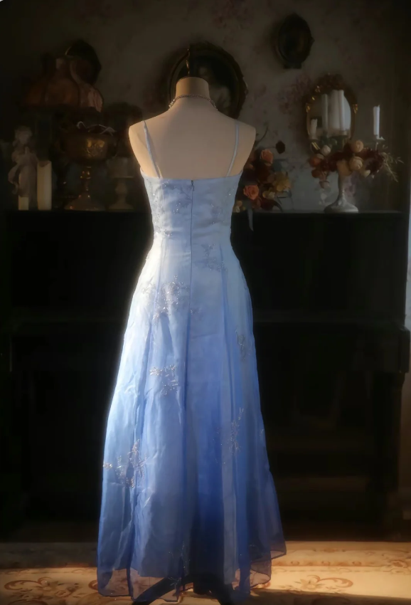 Vintage Gradient Light Blue A-line Spaghetti Strap Beaded Tulle Long Prom Dress Evening Dress P4300